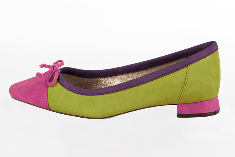 Fuschia pink, pistachio green and amethyst purple women's ballet pumps, with low heels. Square toe. Flat flare heels. Profile view - Florence KOOIJMAN